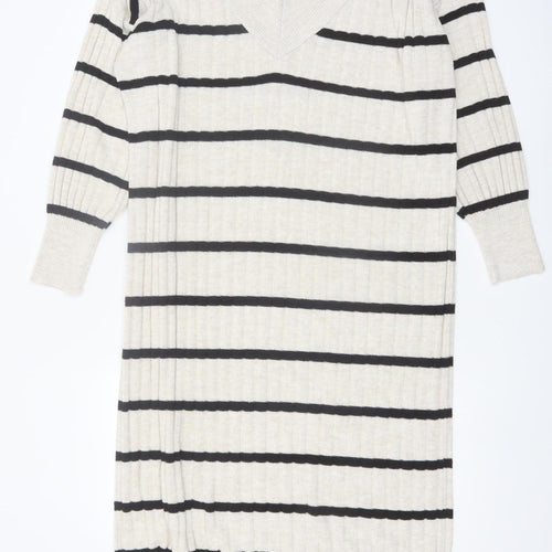 ONLY Women Beige Black Striped Knit V-Neck Midi Jumper Dress L