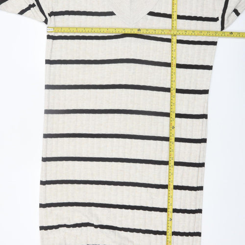 ONLY Women Beige Black Striped Knit V-Neck Midi Jumper Dress L