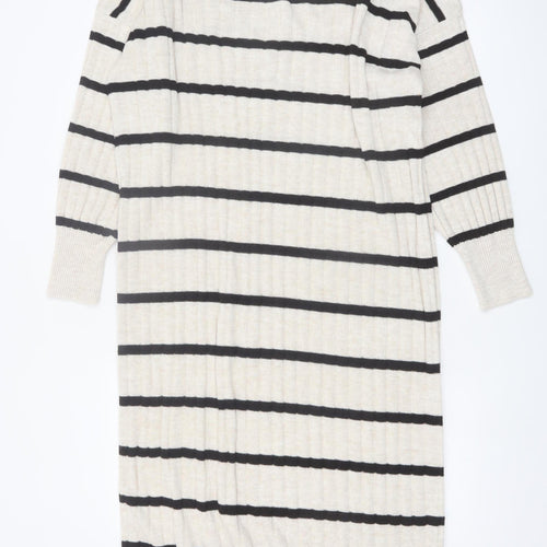 ONLY Women Beige Black Striped Knit V-Neck Midi Jumper Dress L