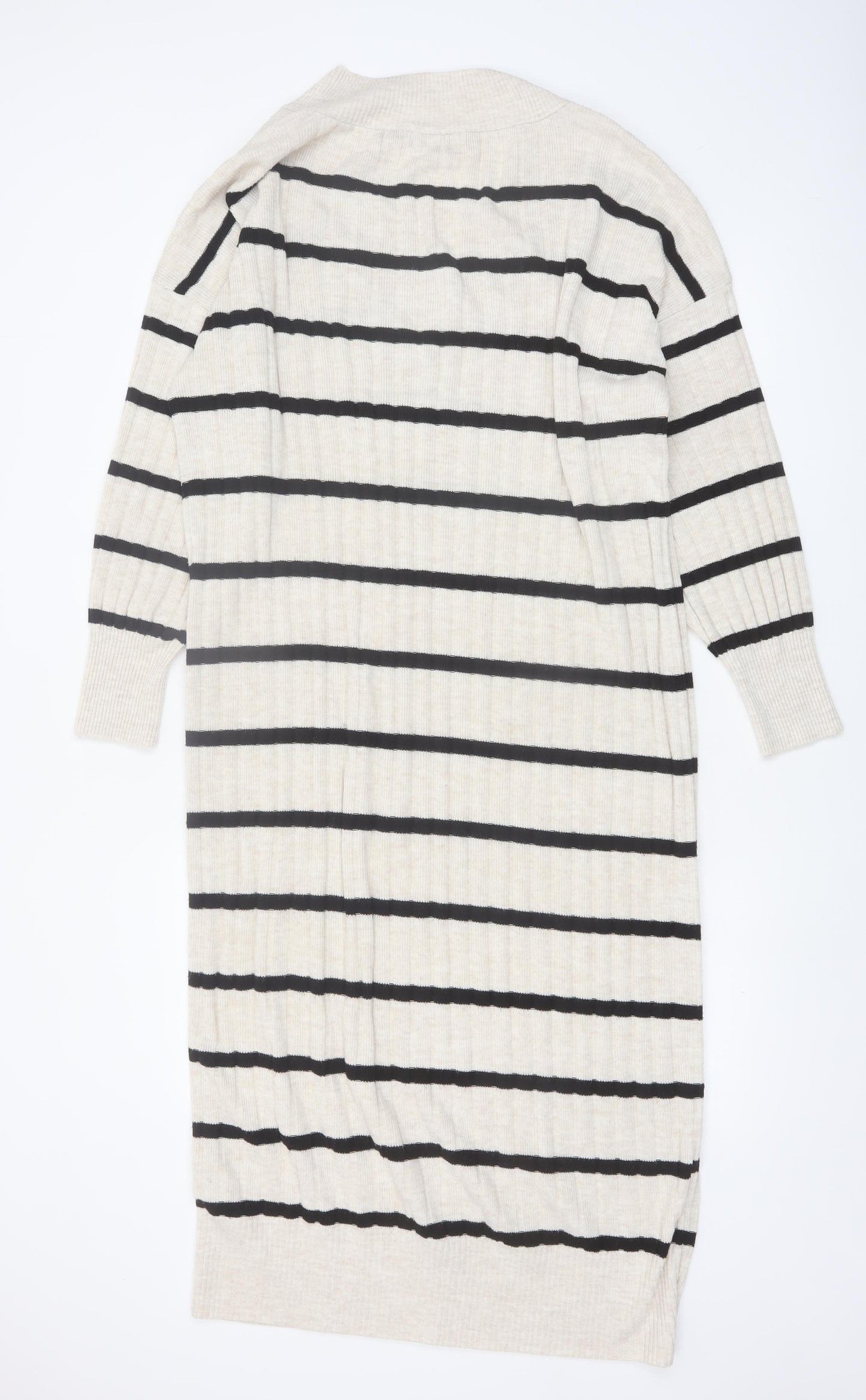 ONLY Women Beige Black Striped Knit V-Neck Midi Jumper Dress L