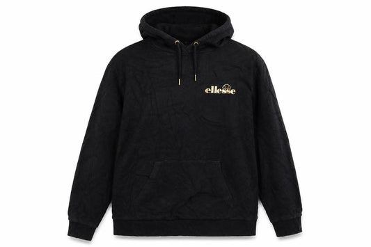 Front view of Ellesse women’s black xl pullover hoodie with gold logo
