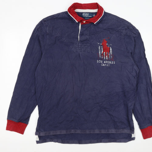 Ralph Lauren Mens Blue Long Sleeve Polo Shirt Size L Cotton Rugby Style
