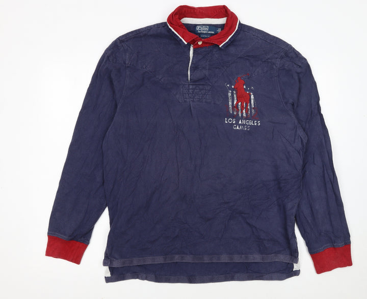 Ralph Lauren Mens Blue Long Sleeve Polo Shirt Size L Cotton Rugby Style