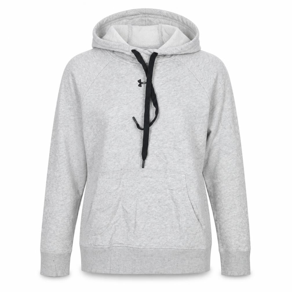 Front view of Under Armour women’s grey loose fit pullover hoodie, size L