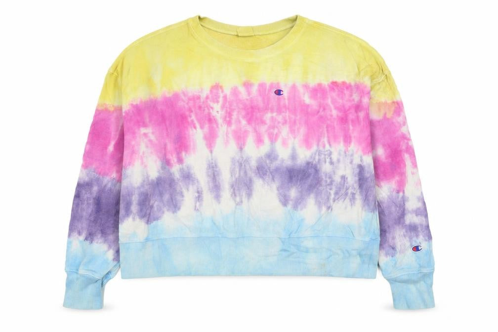 Front view of Champion women’s multicoloured tie dye crew neck pullover sweatshirt m