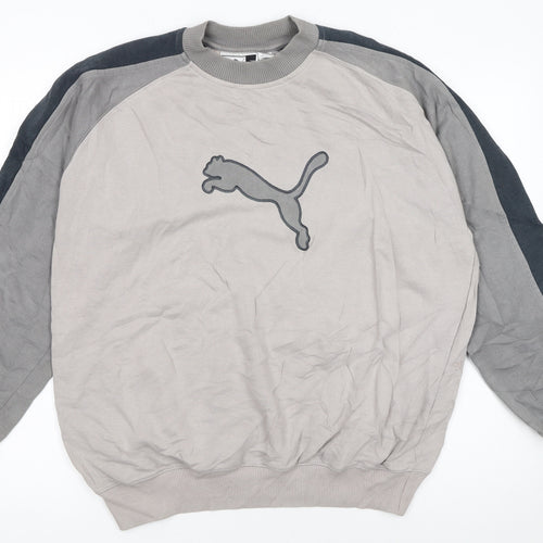 Puma Womens Beige Grey Pullover Sweatshirt Small Logo Crew Neck