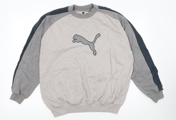 Puma Womens Beige Grey Pullover Sweatshirt Small Logo Crew Neck