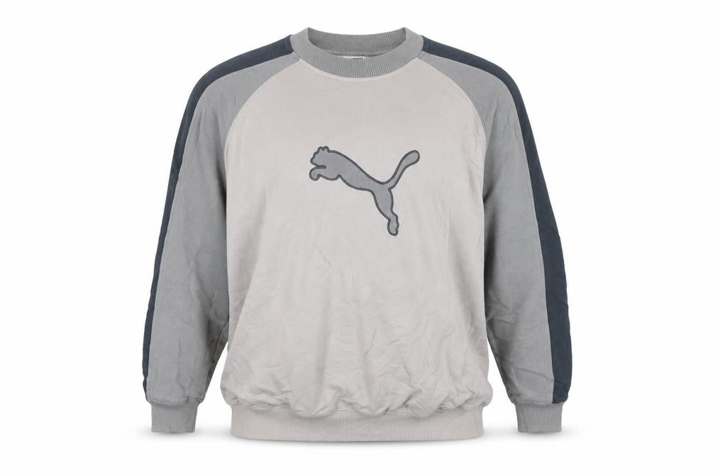 Front view of Puma women’s beige grey pullover sweatshirt small logo crew neck