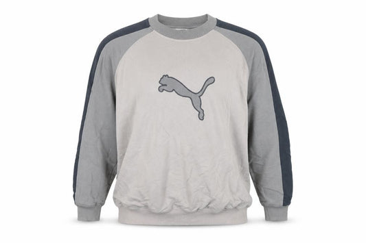 Front view of Puma women’s beige grey pullover sweatshirt small logo crew neck