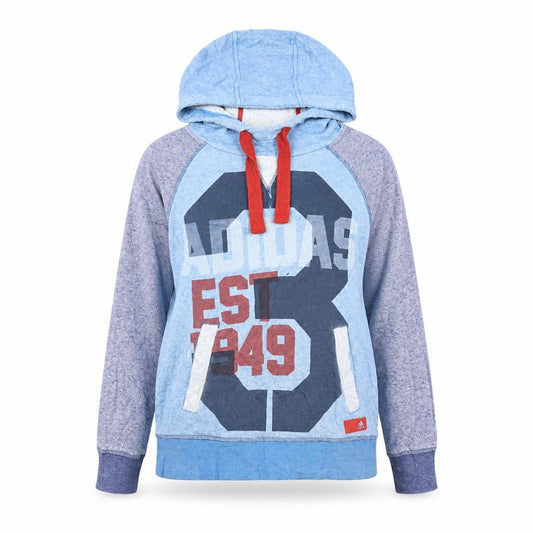 Front view of Adidas women’s blue graphic pullover hoodie, size S, cotton blend