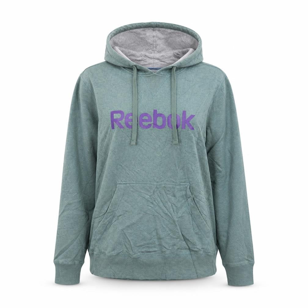 Front view of Reebok Women’s Green Pullover Hoodie, size M, Logo Sweatshirt