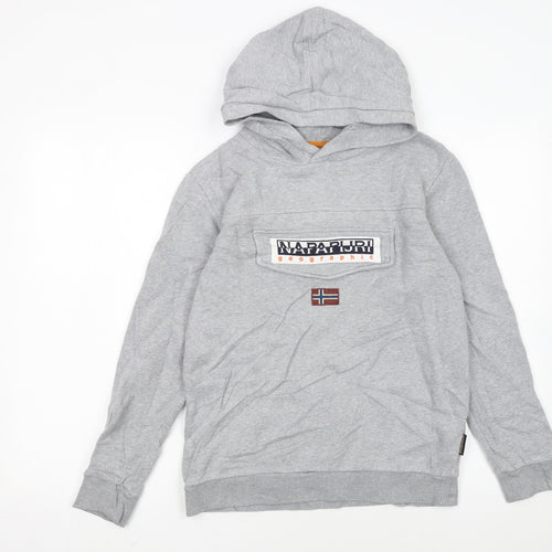 Napapijri Boys Grey Hoodie Size 162cm Pullover Logo Sweatshirt