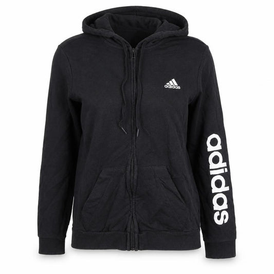 Front view of Adidas women’s black full zip hoodie, size UK 12-14, cotton blend