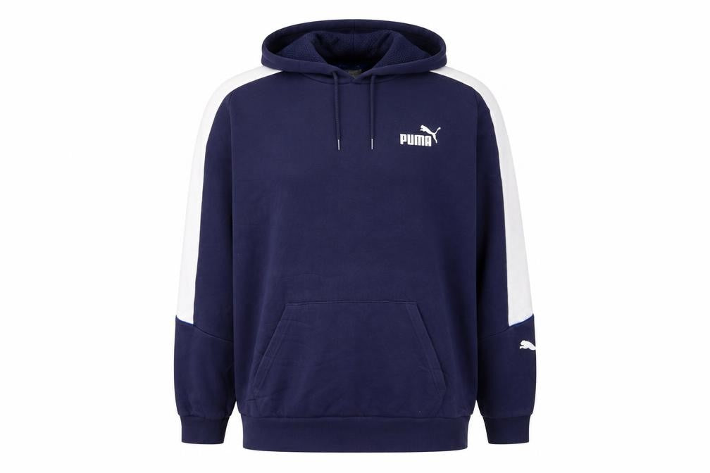 Front view of Puma Men's Blue XL Pullover Hoodie with Logo and Kangaroo Pocket