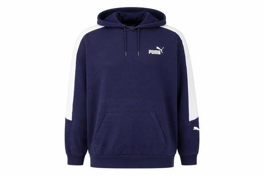 Front view of Puma Men's Blue XL Pullover Hoodie with Logo and Kangaroo Pocket