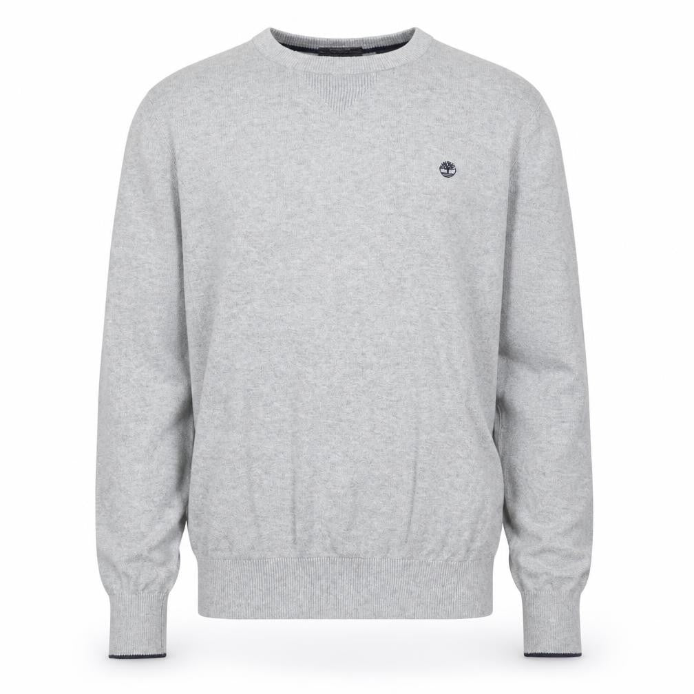 Front view of Timberland Men's Grey Cotton Crew Neck jumper, size S