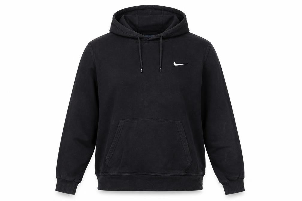 Front view of Nike Women Black Pullover Hoodie L Cotton Blend Casual Sweatshirt