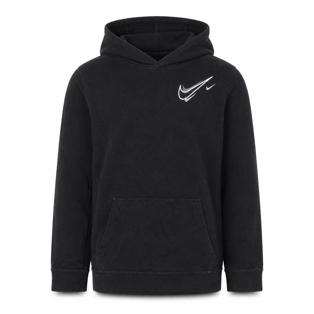 Front view of Nike boys’ black xl pullover hoodie with logo graphic print