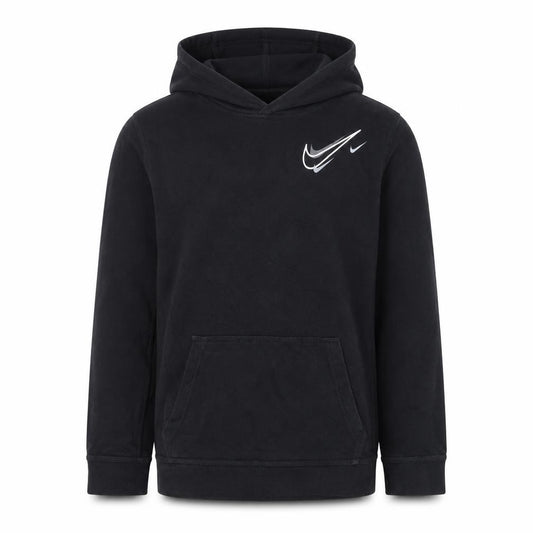 Front view of Nike boys’ black xl pullover hoodie with logo graphic print