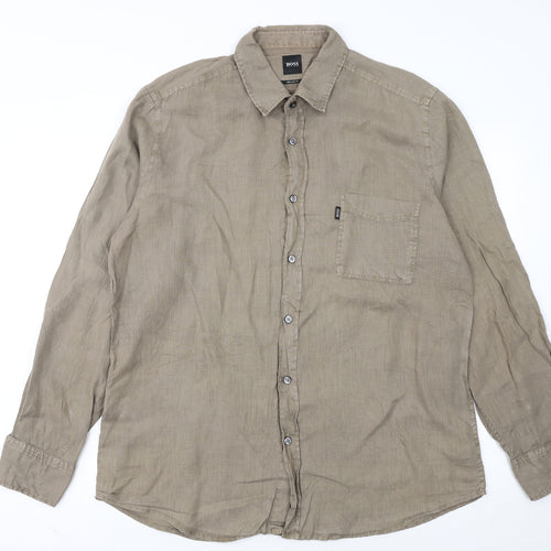 Hugo Boss Men's Beige Linen Regular Fit Long Sleeve Shirt L
