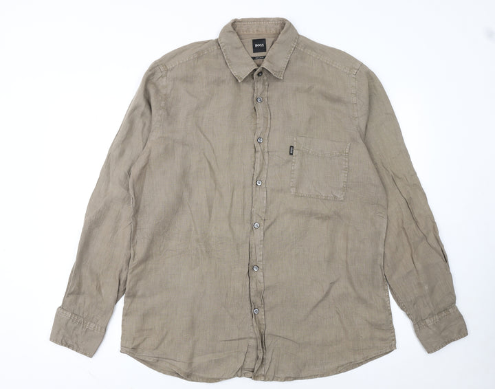 Hugo Boss Men's Beige Linen Regular Fit Long Sleeve Shirt L