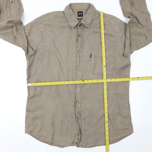 Hugo Boss Men's Beige Linen Regular Fit Long Sleeve Shirt L