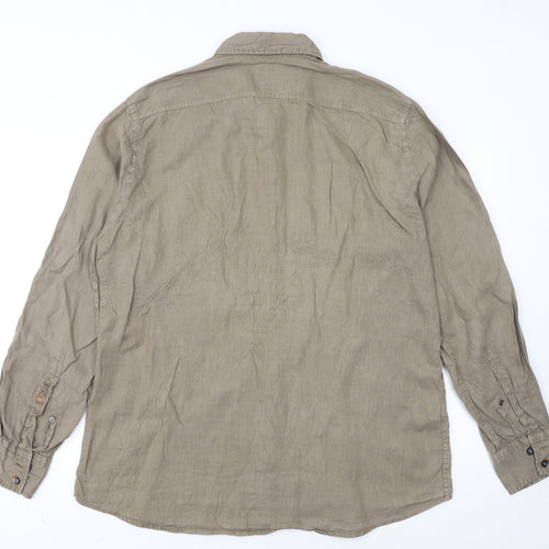 Hugo Boss Men's Beige Linen Regular Fit Long Sleeve Shirt L