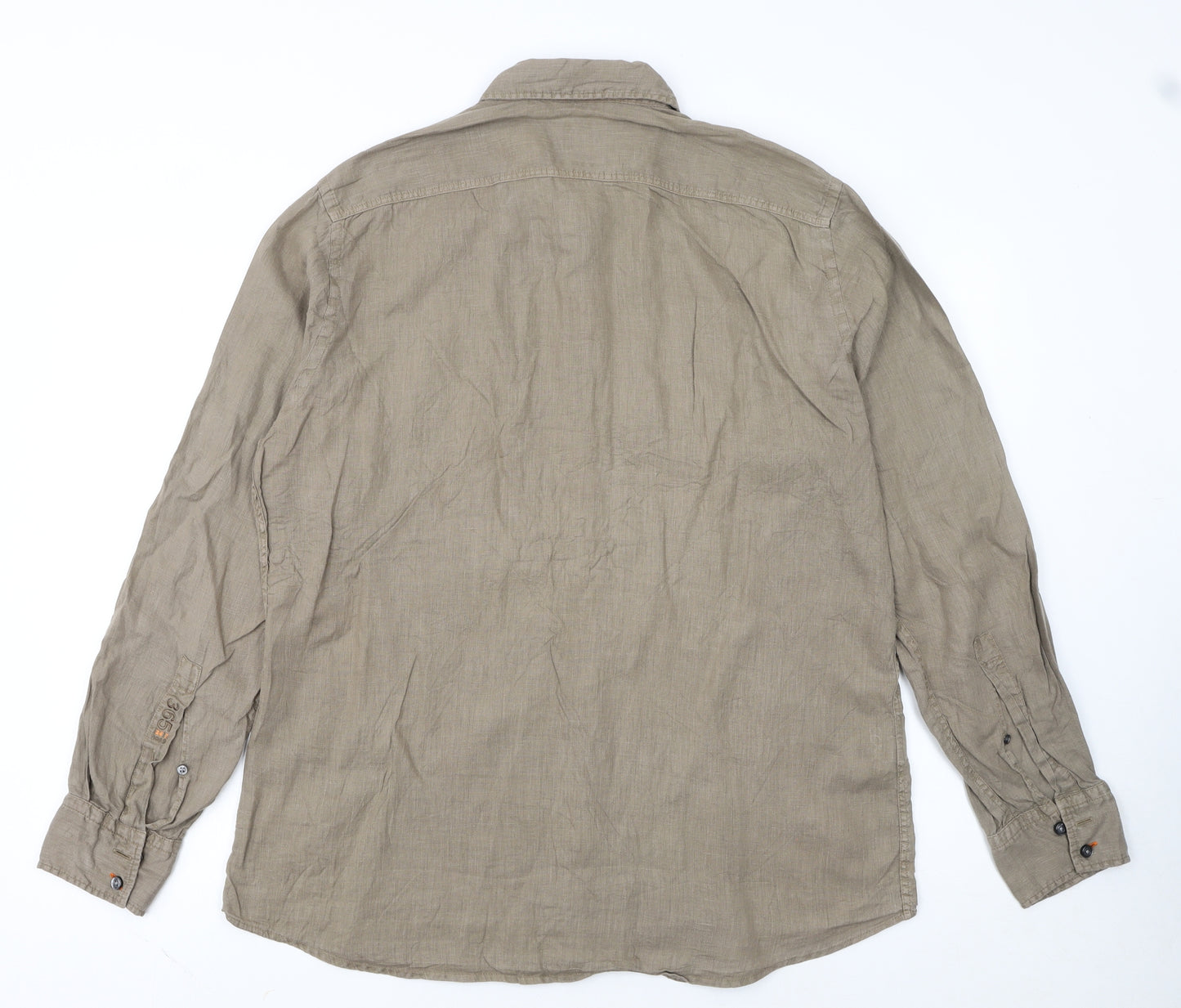 Hugo Boss Men's Beige Linen Regular Fit Long Sleeve Shirt L