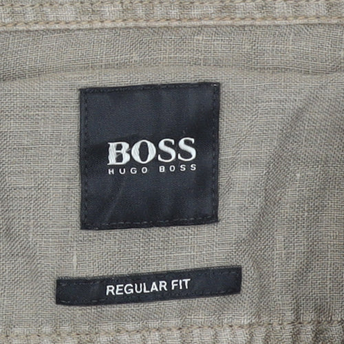 Hugo Boss Men's Beige Linen Regular Fit Long Sleeve Shirt L