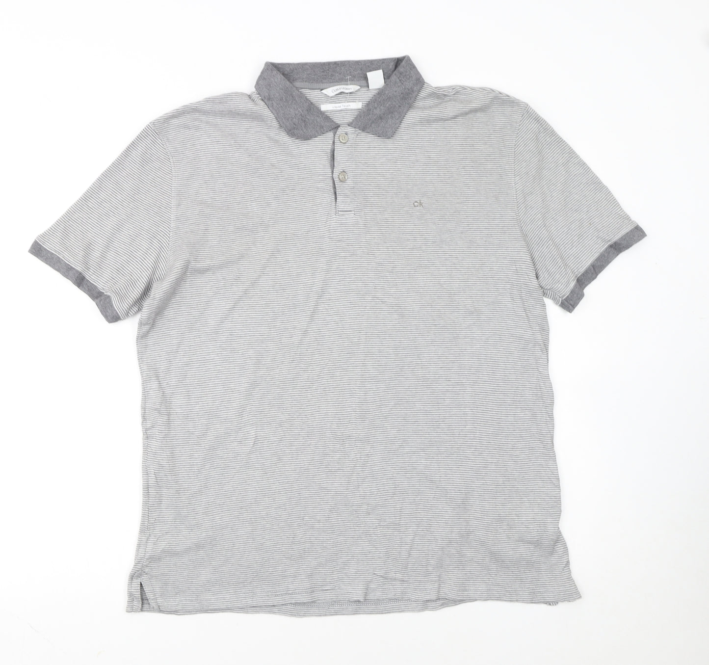 Calvin Klein Men’s Grey Striped Liquid Touch Polo Shirt Size M