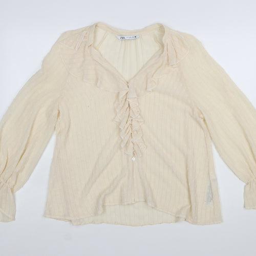 ZARA Women’s Beige Ruffle Long Sleeve Chiffon Blouse Size 12