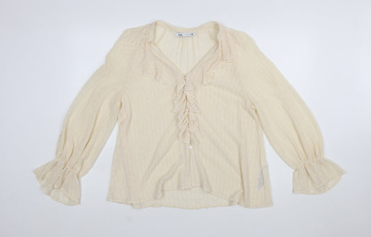 ZARA Women’s Beige Ruffle Long Sleeve Chiffon Blouse Size 12