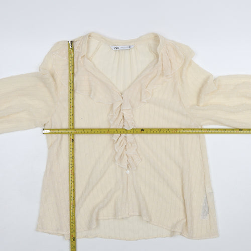 ZARA Women’s Beige Ruffle Long Sleeve Chiffon Blouse Size 12