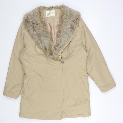 Dorothy Perkins Women’s Beige Fur Trim Belted Zip Coat Size 10