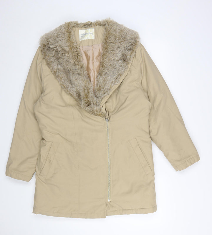 Dorothy Perkins Women’s Beige Fur Trim Belted Zip Coat Size 10