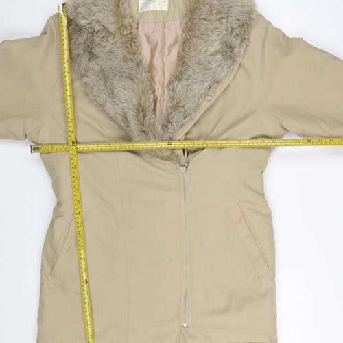 Dorothy Perkins Women’s Beige Fur Trim Belted Zip Coat Size 10