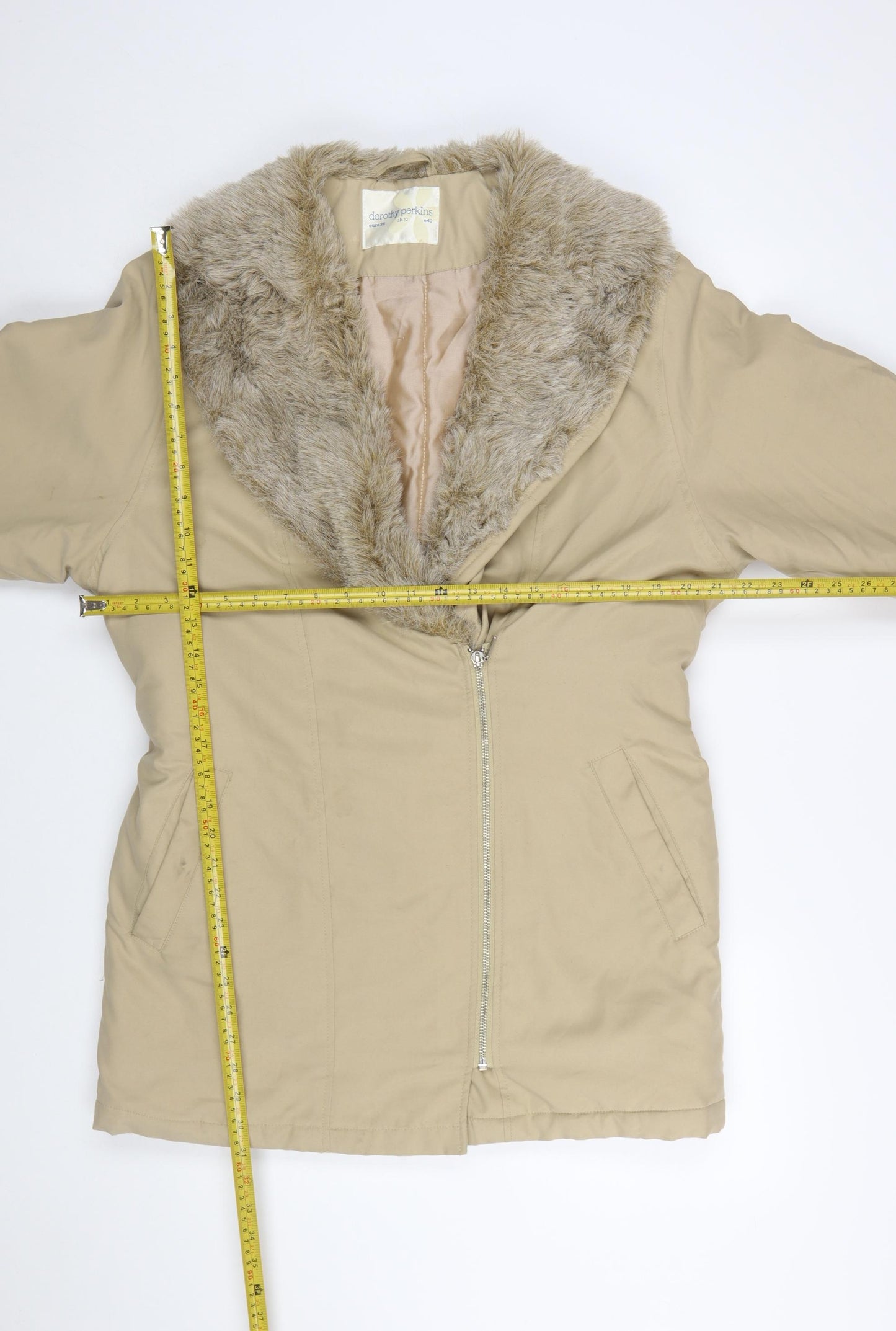 Dorothy Perkins Women’s Beige Fur Trim Belted Zip Coat Size 10
