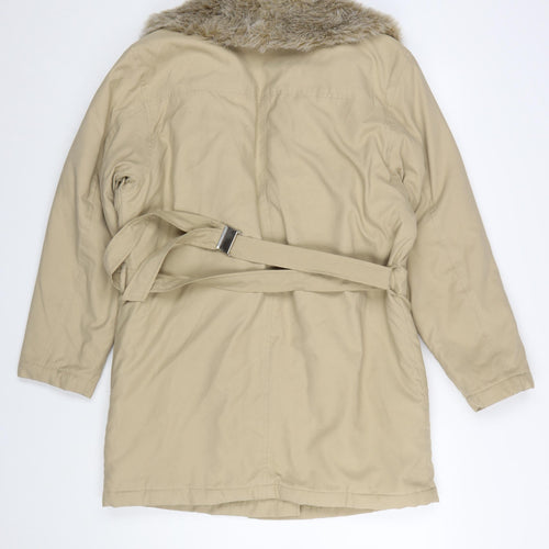 Dorothy Perkins Women’s Beige Fur Trim Belted Zip Coat Size 10