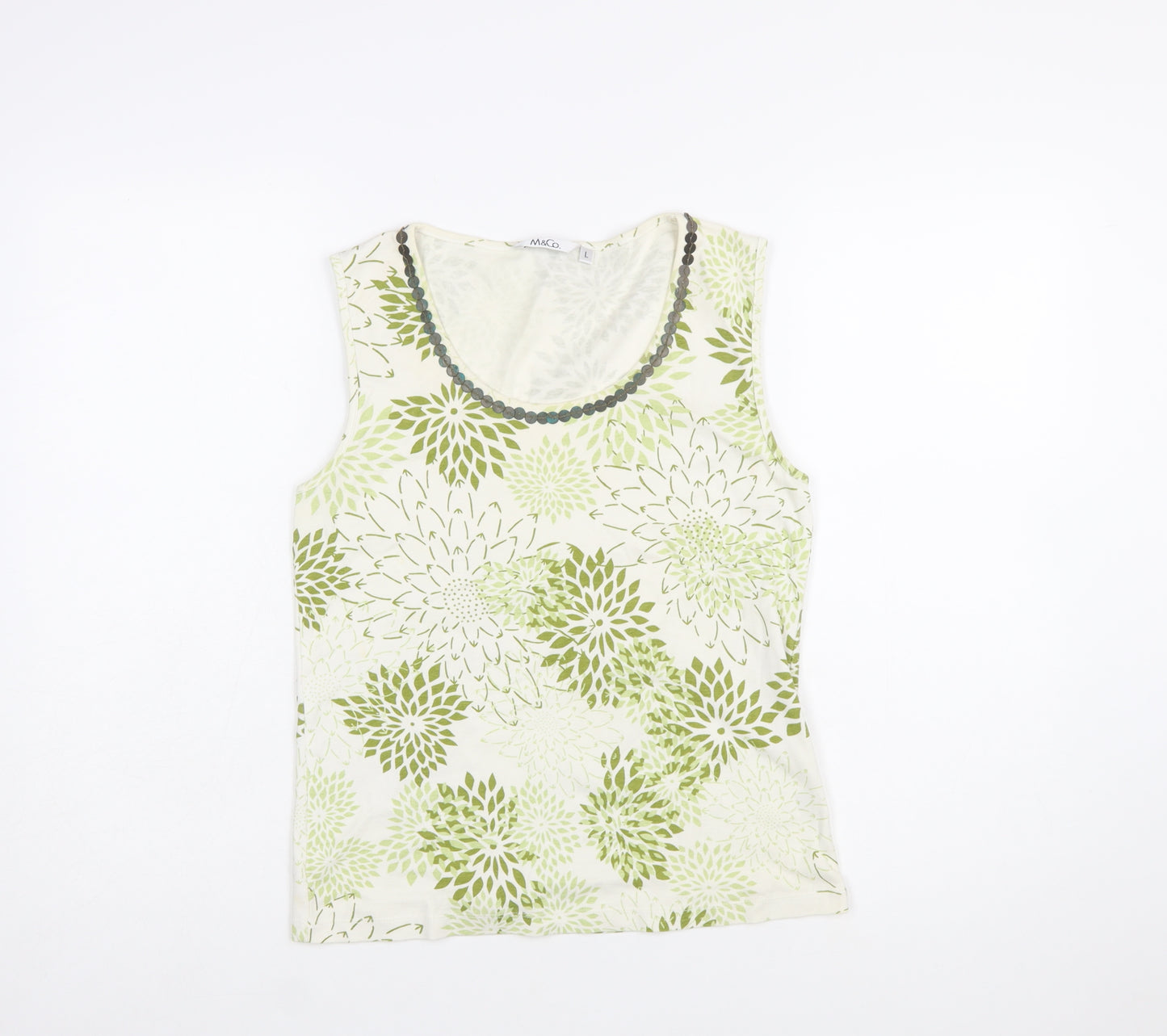 M&Co Women’s Green Floral Beaded Cotton Sleeveless Tank Top L