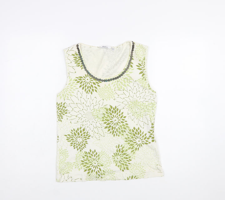 M&Co Women’s Green Floral Beaded Cotton Sleeveless Tank Top L