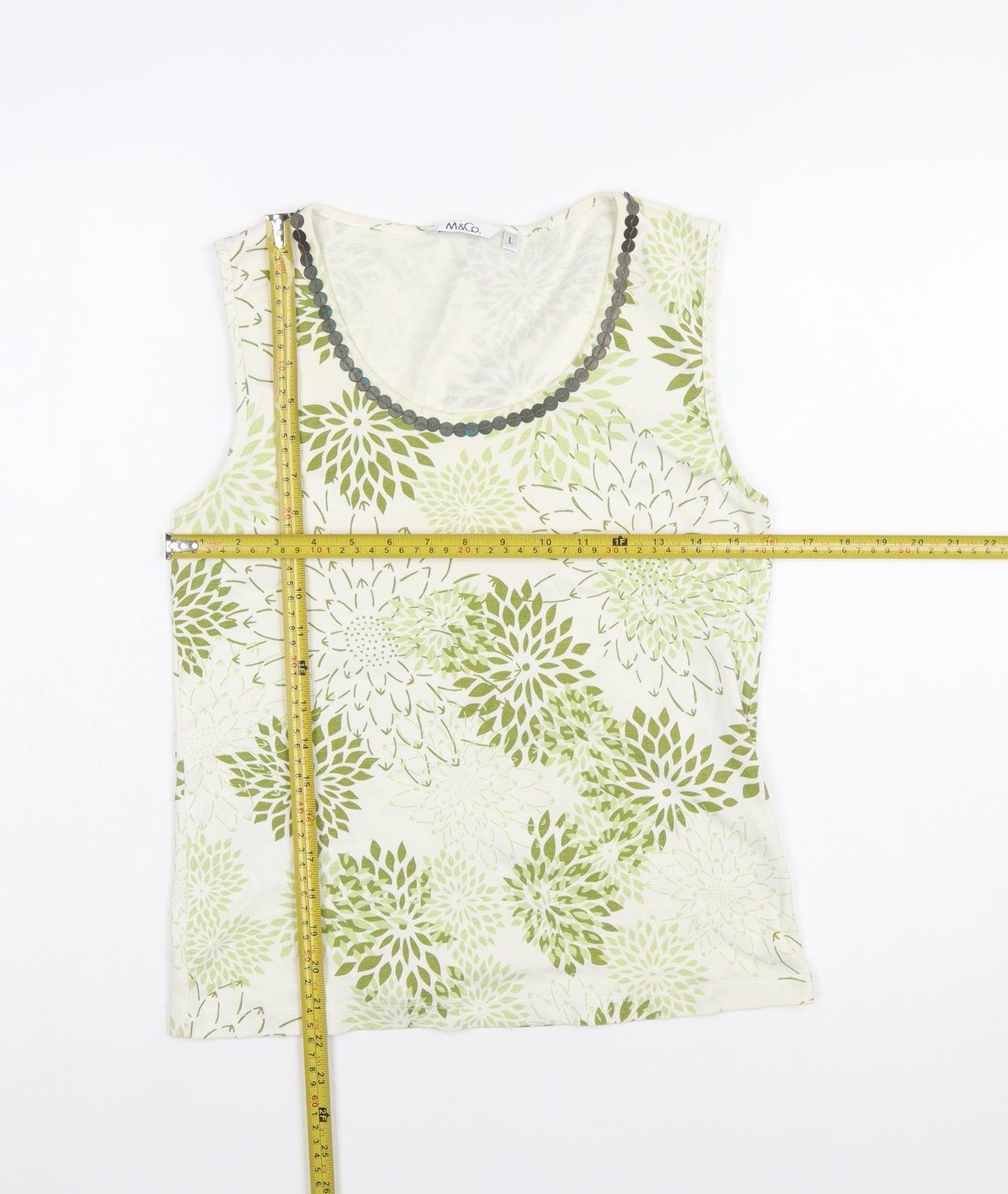 M&Co Women’s Green Floral Beaded Cotton Sleeveless Tank Top L