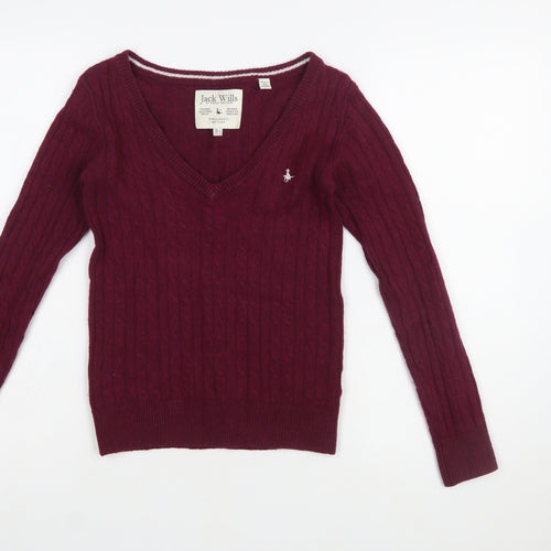 Jack Wills Women's Red V-Neck Cable Knit Jumper Size 4