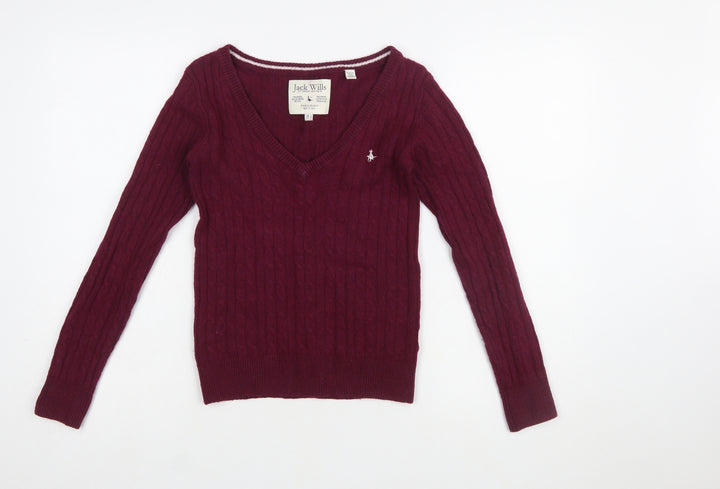 Jack Wills Women's Red V-Neck Cable Knit Jumper Size 4