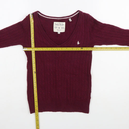 Jack Wills Women's Red V-Neck Cable Knit Jumper Size 4