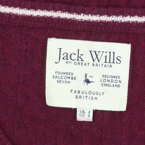 Jack Wills Women's Red V-Neck Cable Knit Jumper Size 4
