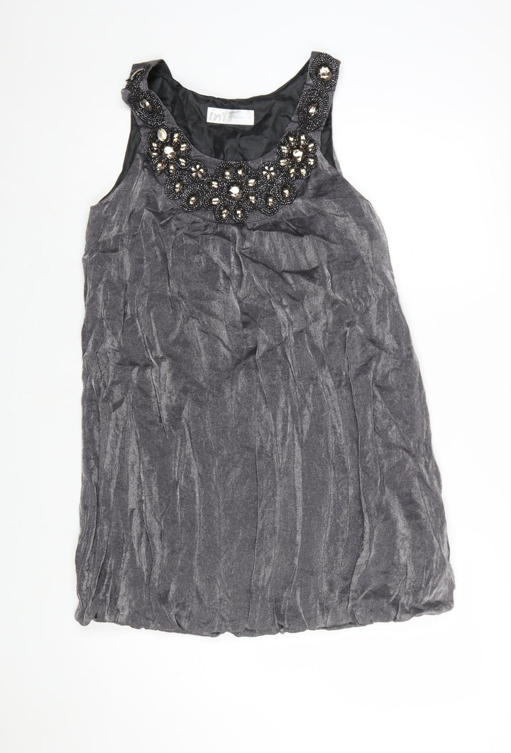 Internationale Women’s Grey Beaded Sleeveless Short Shift Dress Size 10