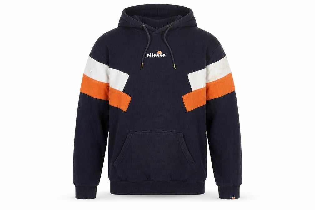 Front view of Ellesse Men's Blue Small Pullover Hoodie with Logo and Stripes