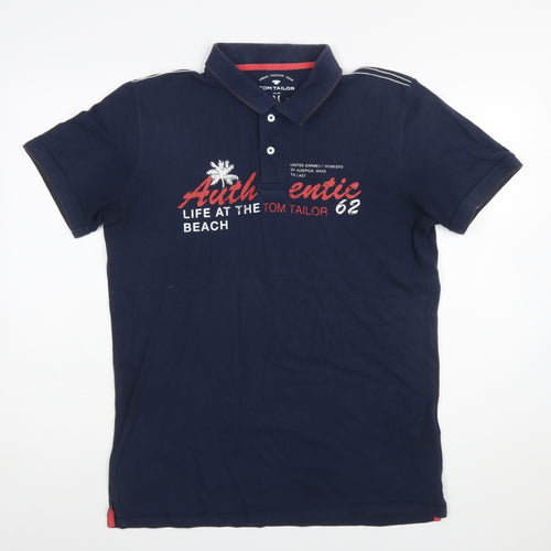 Tom Tailor Men's Blue Regular Fit Cotton Graphic Polo Shirt M