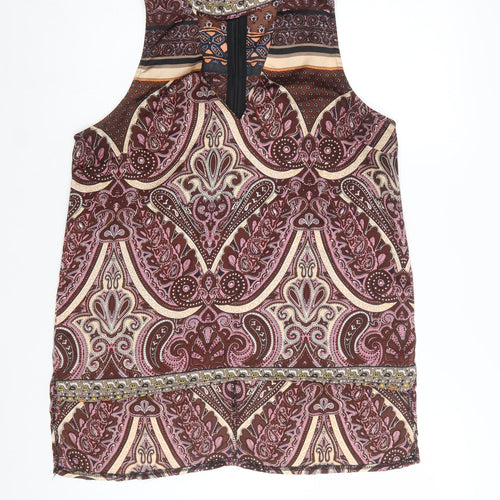 Parisian Collection Women's Brown Paisley Beaded Sleeveless Tunic Blouse Size 12