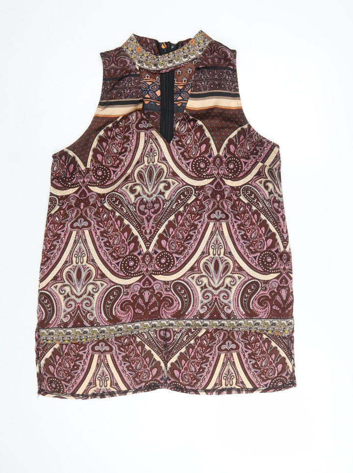 Parisian Collection Women's Brown Paisley Beaded Sleeveless Tunic Blouse Size 12